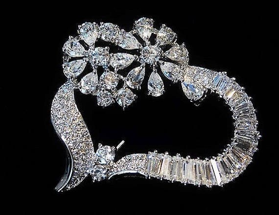 Cubic Zirconia Heart Brooch / CZ Baguette / Sterling Silver