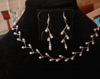 Zig Zag Necklace and Earrings Set-Pearl-Crystal-Wedding-Prom