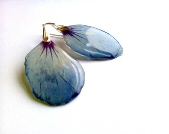 Blue real flower petal resin earrings Clear rein jewelry Floral earrings