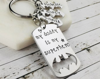Daddy Keychain-Hand Stamped "My Daddy Is My Superhero" Daddy Keyring-Personalised Father's Day Gift-Batman Keychain-Dad Keychain