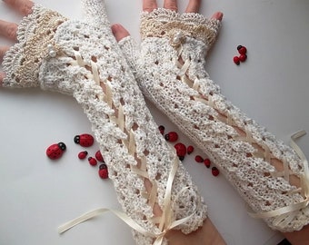 Crocheted Cotton Gloves L Ready To Ship Victorian Fingerless Summer Women Wedding Lace Evening Hand Knitted Bridal Opera Ivory Corset B78