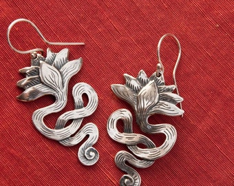 Lotus Earrings/ long - sterling silver drop earrings