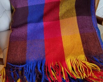 Vintage Faribo Fluff Loomed Wool Fringe Throw, Primary Color Woven Wool Blanket, Wool Stadium Throw, 60x64" USA Made