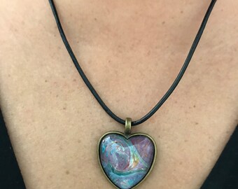 Fluid Art Heart Pendant Necklace Original Flow Art Jewelry Heart Pendant Necklace, one of a kind wearable art