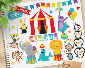 Circus Animals Clipart, Carnival, Big Top, elephant, seal, monkey, hippo, bunny, lion, magic trick, Commercial use, vector clipart, SVG Cut
