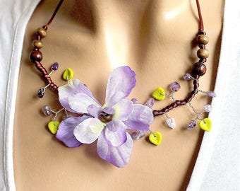 Purple floral necklace branch Brown satin