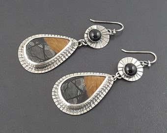 Picasso Jasper Earrings, sterling silver, silver brown gray black, dangle earrings, black onyx, stamped earrings, michele grady,
