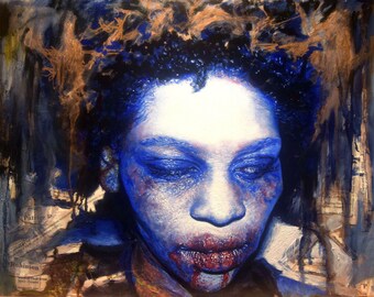 SWEET TOOTH - ORIGINAL oil painting - Pop art - Lowbrow art -gothic - afro - blue - creepy - home decor - dark art - drip - nyc - makeup -