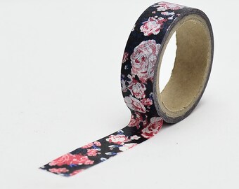 Black with Pink Floral Washi Tape -craft supplies-deco tape- Planner washi-floral washi- scrapbooking - card making - LMT 553- Love My Tapes