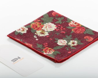 Pocket Square, Red Coloured Floral Pocket Square, Groomsmen Wedding Pocket Squares