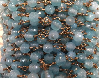 8mm Blue Jade beaded chain, 2 FEET of faceted chain, medium blue, wire wrapped, gold non tarnish wire, blue chain, beaded chain