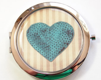 Heart compact mirror, Pocket mirror, compact mirror, mirror, Heart pocket mirror, heart, love, gift for bride, bridal shower, Teal (3146)