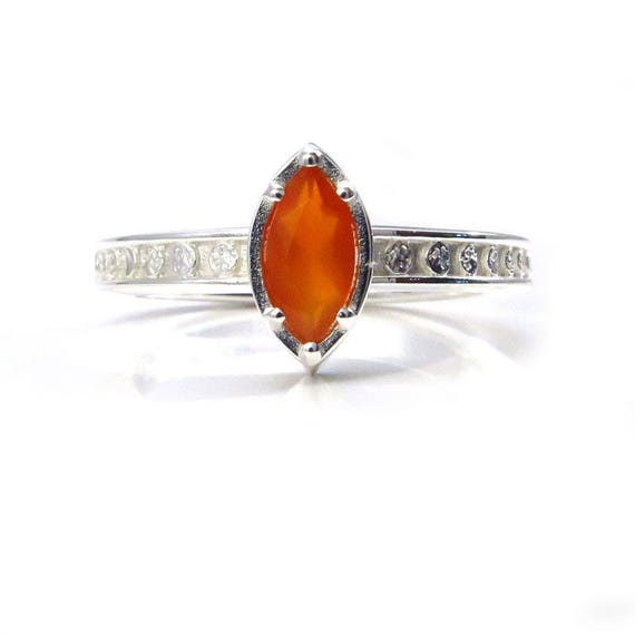 Sterling Silver Moon Ring with Carnelian Marquise - High Shine Finish - Other Gem Options Available
