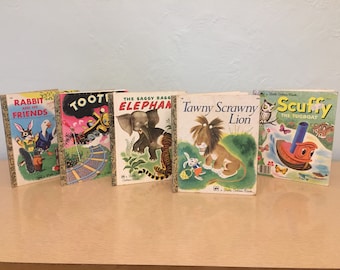Five 1970s-90s Classic Little Golden Books - Saggy Baggy Elephant, Tawny Scrawny Lion, Scuffy the Tugboat, Tootle, Rabbit and His Friends