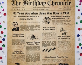 80th Birthday Gifts, Personalized, Headline News Print, Time Capsule, Newsletter Style, 1938 Birthday Gift, Chronicle, 80th Milestone Gifts