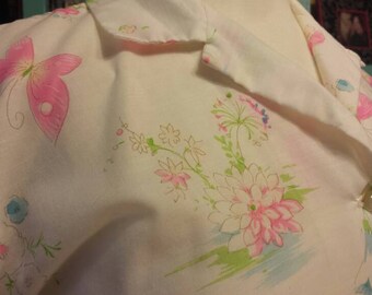 50s Butterfly Print Button Down with Cuffed Sleeves 50s 60s Neon Pink