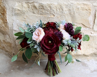 Burgundy Bridal Bouquet | Moody Romantic Garden Style | Burgundy, Deep Purple and Light Peach | SG-1065