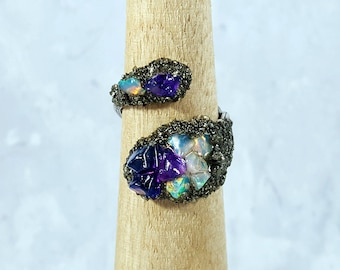 Amethyst and Opal Ring ~ Raw Amethyst Ring ~ Raw Opal Ring ~ Amethyst Opal Ring ~ Raw Gemstone Ring ~ Purple Crystal Ring ~ Gift For Her