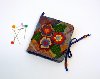 Plaid Wool Fabric Needle Book with Felt Flowers Blue Red Yellow Tartan Pins Case Organizer 3 Dimensional Floral Applique Colleague Gift