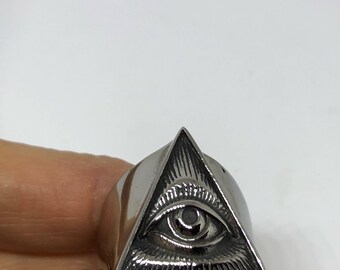 Vintage 1980's Gothic Stainless Steel Illuminati Eye Pyramid Men's Ring