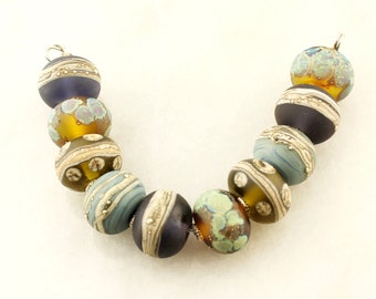Lampwork Beads Set Organic, Etched Matte Glass, Rustic, Green, Blue, Topaz, Brown, Silver