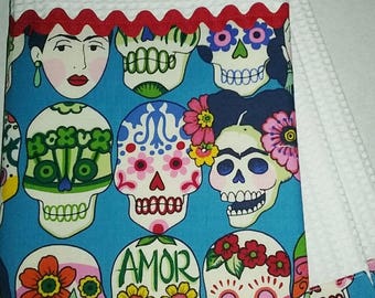 Frida Calaveras Sugar skull Kitchen Print Towel Cotton Print with RED Rick Rack Trim