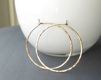 Medium Gold Hoop Earrings, Thin Hammered Gold Filled Hoops, 1 inch, 1.25, 1.5 inch