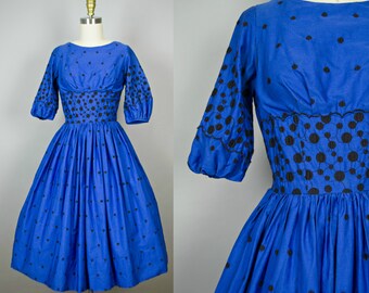 vintage 1950s blue polka dot dress / circle skirt / rhinestone buttons / New Look party frock