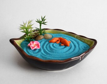 Tiny Zen Garden // Koi Pond // Meditation // Fairy Garden Miniatures Desk Toy // Bamboo Leaf // Blue Sand // Stress Relief // Coworker Gift