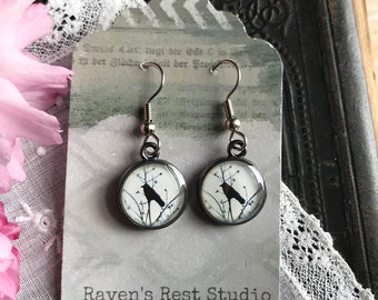 Handmade Resin Earrings. Crow. Vintage Style. Dangle Drop Earrings. Gift For Her. Crow Raven Black Bird In Tree Branches
