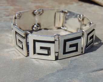 Vintage Taxco Sterling Silver Greek Key Design Link Bracelet - 43 Grams