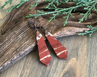 Deep Red River jasper earrings , natural and genuine ancient stones