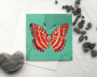 butterfly art card, art print, red and green butterfly, wall art, cethosia biblis, art print card