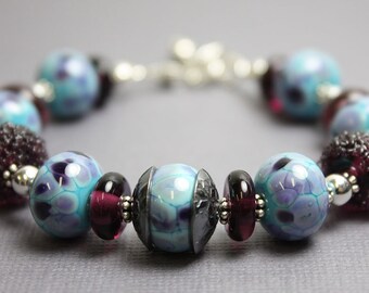 Lampwork Bracelet, Blue and Purple Lampwork Bracelet, Purple Bead Bracelet, Artisan Bracelet, Glass Bracelet, Bracelet, Lampwork Jewelry