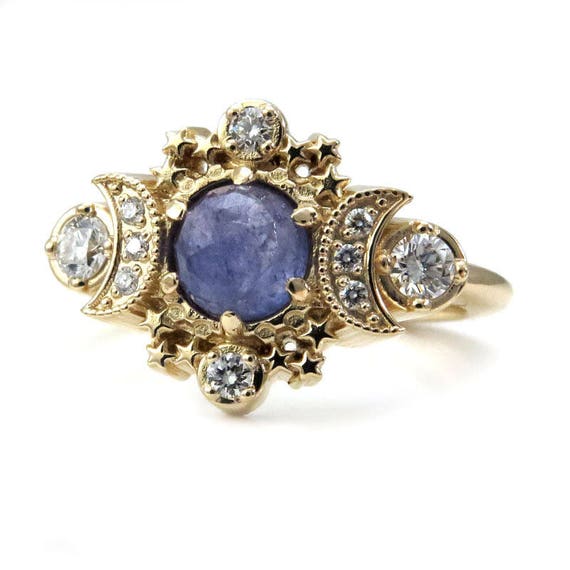 Rustic Rose Cut Tanzanite Cosmos Engagement Ring - Moon and Star Diamond Ring