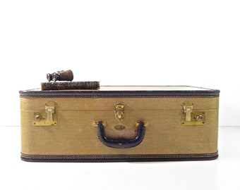 Vintage Tweed Suitcase / 1940s Yellow Tweed Suitcase / Vintage Luggage
