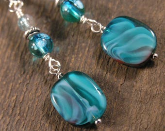 Turquoise czech glass beads and silver handmade earrings