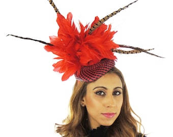 Red and Black Kaddho Hat for Kentucky Derby, Weddings & Proms