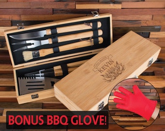 7 Piece BBQ Grill Tool Set, BBQ Set, Grilling Tools, Personalized Barbecue Set, Engraved Grillware, Grill Master Gift, BBQ Gift for Men