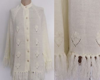 1970's White Acrylic Fringe Cape Floral Embroidered Knit Poncho Size All by Maeberry Vintage