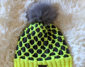 Two-Color Knit Hat with Removable Pom Pom