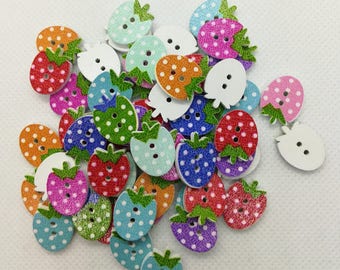 20 Strawberry Shaped Wooden Buttons-Fruit Buttons-Wooden Buttons-Strawberry Buttons-Red Buttons-Pink Buttons-Cute Buttons-Blue Buttons