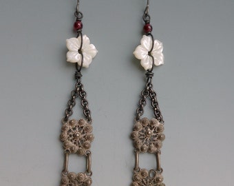 Antique Silver Cannetile Mother of Pearl Long Earrings