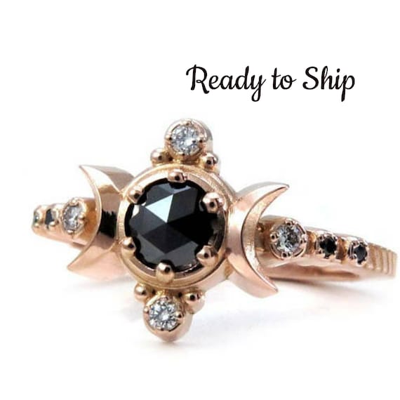 Ready to Ship - Size 6-8 - Black and White Diamond Compass Moon Engagement Ring - Rose Gold