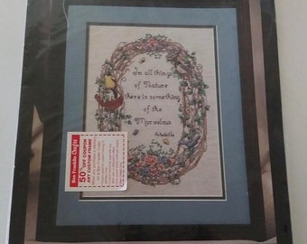On Sale Bucilla, Counted Cross Stitch Kit, "In All Things", Aristotle Quote, 9" x 12", Vintage Sealed Kit, 1994, Bird Spring Wreath