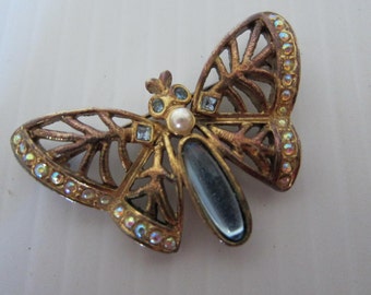 BUTTERFLY BROOCH - Blue Butterfly with Pearl Brooch - Butterfly Pin