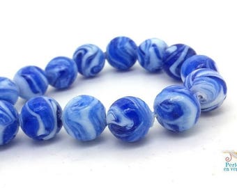 5 glass beads lampwork spiral dark blue and white 13-14mm (pv355)