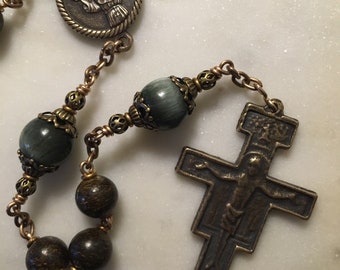 Rosary - St. Francis - Franciscan - Bronzite and Green Chrysoberyl - San Damiano Crucifix - Bronze