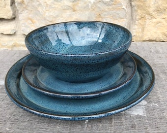 Pottery Dinnerware set in Rutile Blue on Dark Clay