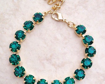 Swarovski tennis bracelet, rhinestone bracelet, glam, bridesmaid gift, wedding bracelet, forest, green, evergreen, emerald